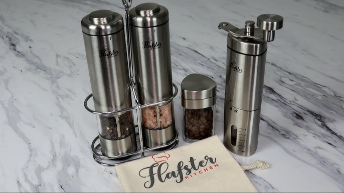 Flafster Kitchen Electric Salt and Pepper Grinder Set With Light - Battery  Operated Pepper Mills With Stand