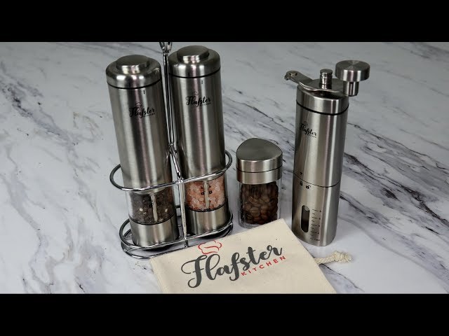 Flafster Kitchen Electric Pepper Grinder - Battery Powered Stainless Steel Salt or Pepper Mill - Silver