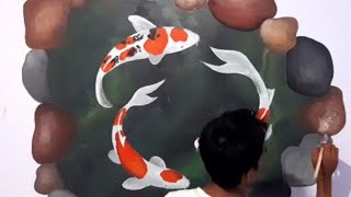 cara menggambar mural ikan koi di tembok kamar