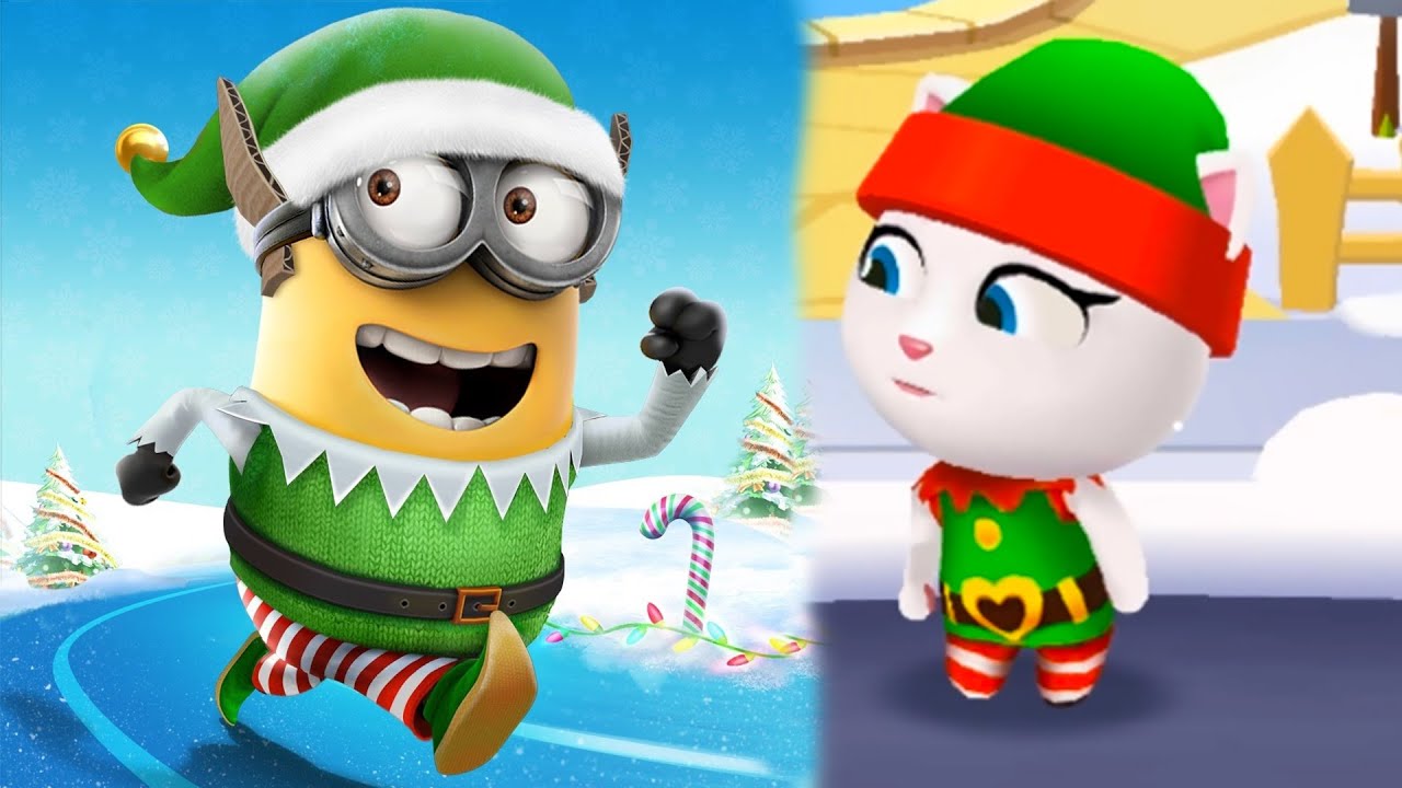 Elf Minion Vs Elf Angela ! Talking tom gold run Vs Despicable me minion rush