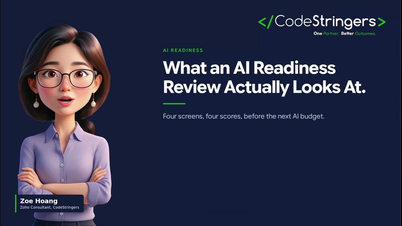 Title card: What an AI Readiness Review Actually Looks At, with presenter Zoe Hoang