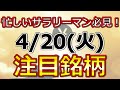 【忙しいサラリーマン必見！4月20日(火)の注目銘柄まとめ】本日の株式相場振り返りと明日の注目銘柄・注目株・好材料・サプライズ決算を解説、株式投資の参考に。