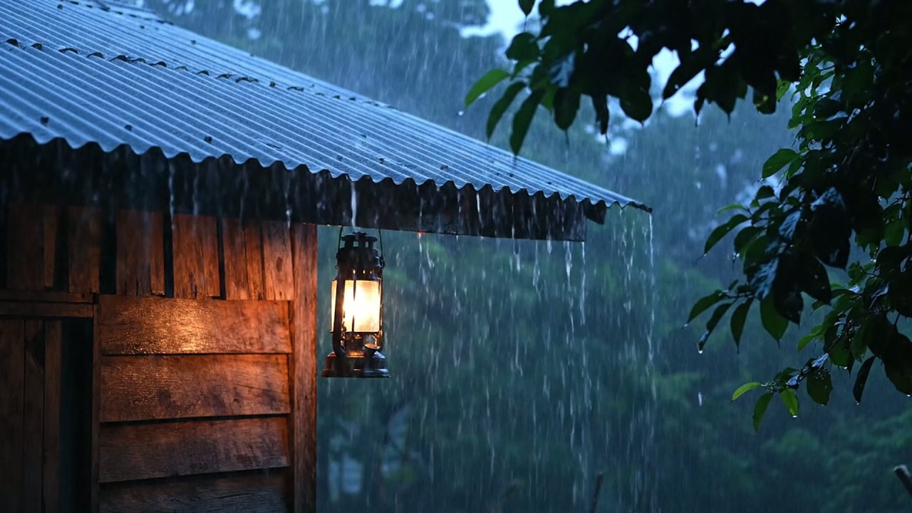 Sonidos de lluvia para dormir sin anuncios – Lluvia y truenos en techo de lámina para apagar el...