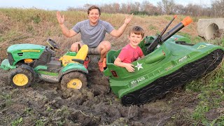 Playing in the mud with tractors and tank | Tractors for kids