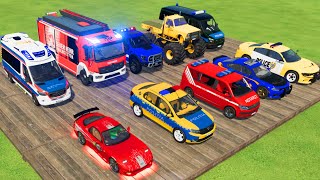 TRANSPORTING POLICE CARS, AMBULANCE, FIRE TRUCK, CARS, MONSTER TRUCK OF COLORS! WITH TRUCKS! - FS 22