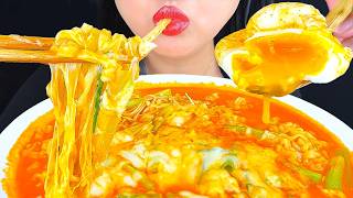 ASMR Spicy Cheesy Buldak Noodles, Rice Cakes, Enoki Mushrooms & Soft Boiled Egg