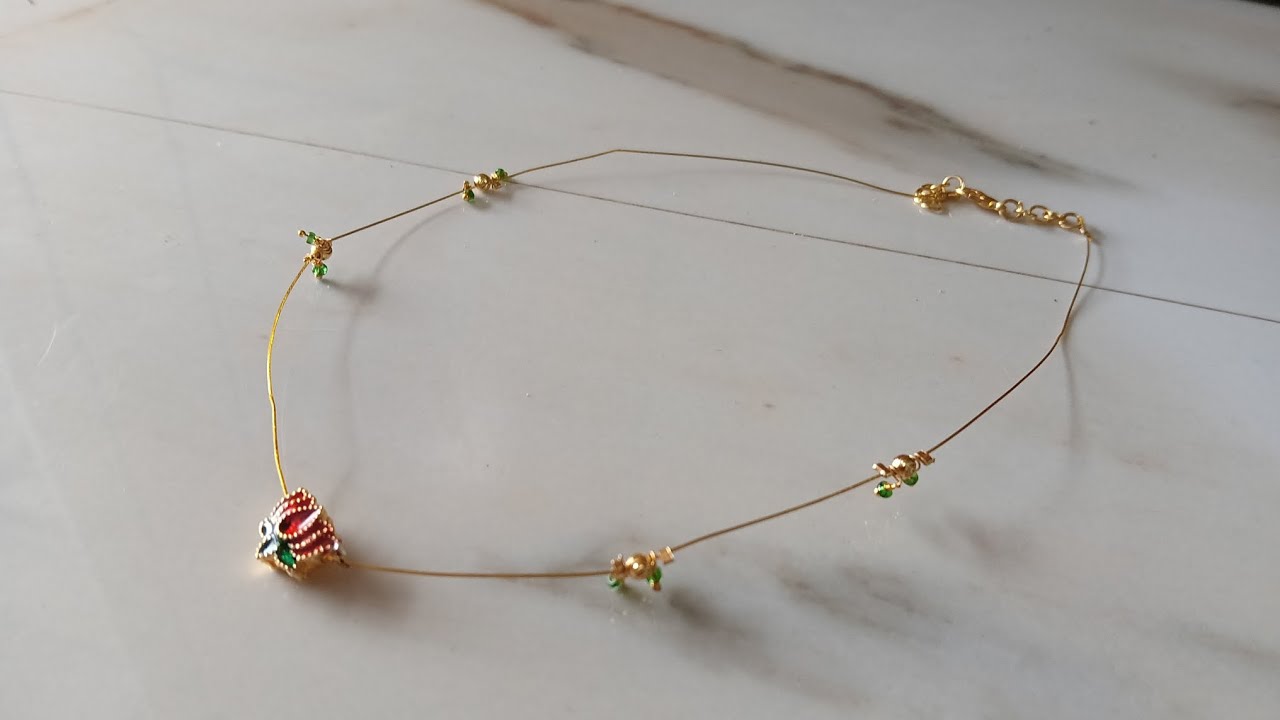 Invisible Jewelry Lotus Pendant Necklace, Gold-Tone Wire, Red and Green Enamel with Pearl Beads