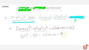 If `a+b+c=15 and a^2+b^2+c^2=83` is given find the value of `a^3+b^3+c^3-3abc`