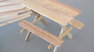 How to Make a Popsicle Stick Picnic Table This miniature popsicle stick table is the perfect seasonal addition to your fairy garden display or small dolls. Written instructions can