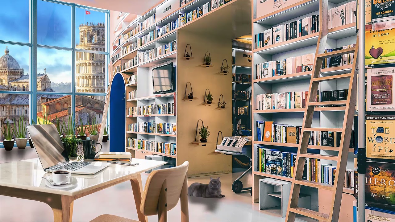 Pisa Book Cafe Ambience & Jazz Music, Bookshop Sounds, Coffee Shop, Library ASMR For Work, Study