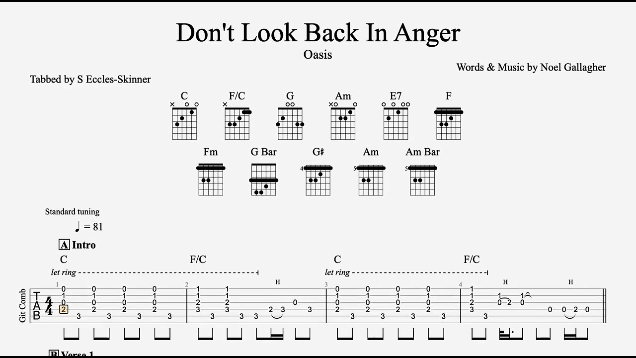 Don’t Look Back in Anger guitar chords at a glance