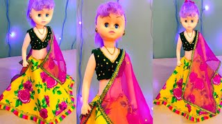 Floral print yellow lehanga for doll/stitching and cutting/Designed Doll