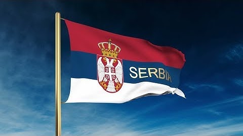 4K Serbia flag slider style with title. Waving in the wind with cloud background animation Stock