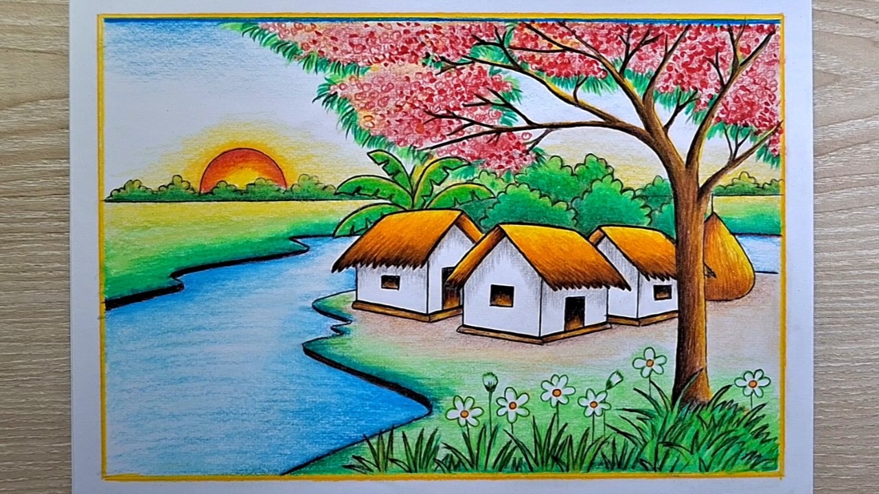 How to Draw Scenery of Spring Season Step by Step || Landscape Drawing ...