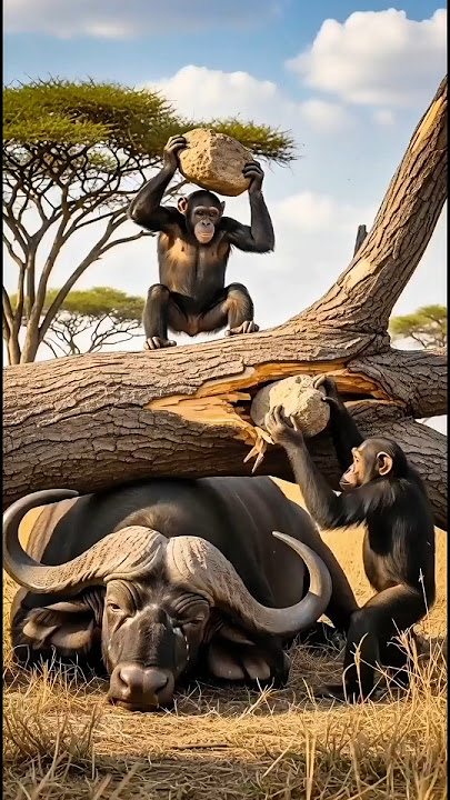 🐒Incredible Animal Rescue: Two Brave Chimpanzees Rescue Trapped Buffalo #animals #rescue #wildlife