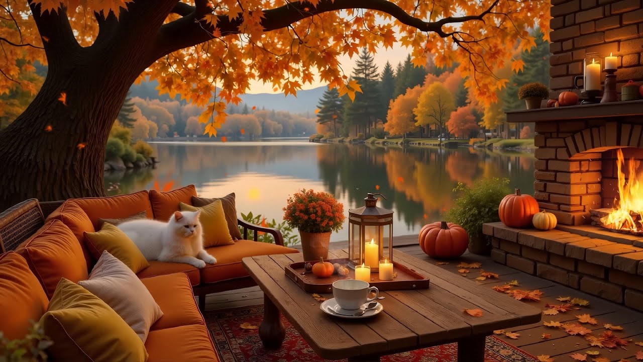 Autumn Lakeside Porch Ambience with Cat 🍁 Gentle Piano & Crackling Fireplace for Study, Work, Relax