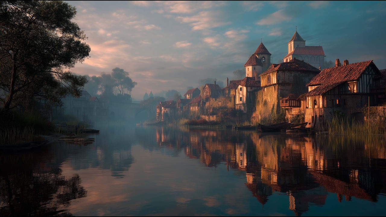 Fantasy Medieval Ambient | Quiet Medieval Village by the River 🌅 Relaxing Sleep Music