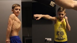 11 years old muscle boy - boxing home training and flexing