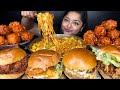 Spicy korean fried chicken spicy samyang fire noodles with cheese louis chicken burgers  eating