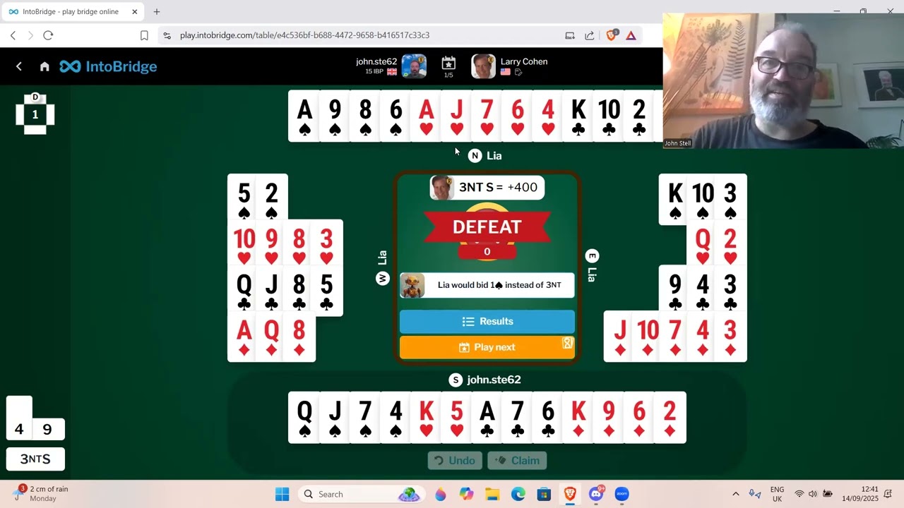 Me versus top bridge player Larry Cohen - 14th September 2025