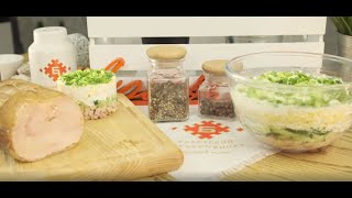 Рецепт слоеного салата с мясным рулетом и свежими огурцами - Брестский мясокомбинат