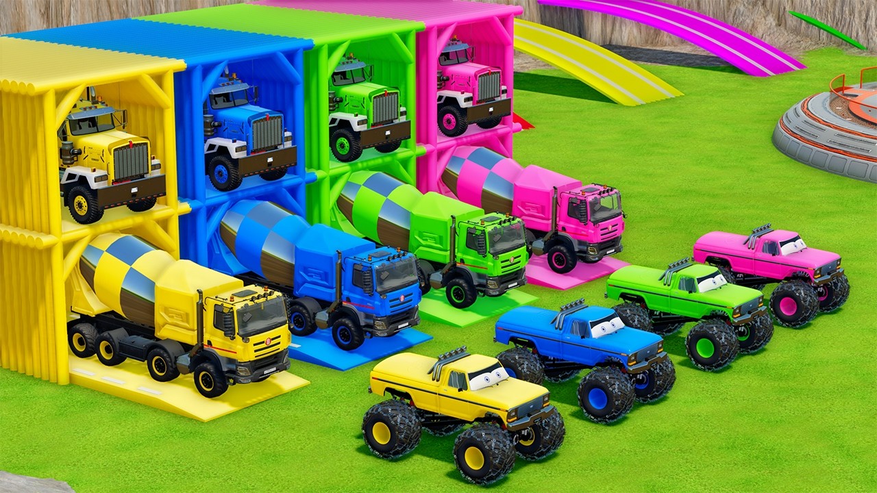 Garage with Colors - ALL MIXER TRUCK WITH DOUBLE FLATBED TRAILER TRUCK, KENWORTH, TATRA, LIZARD