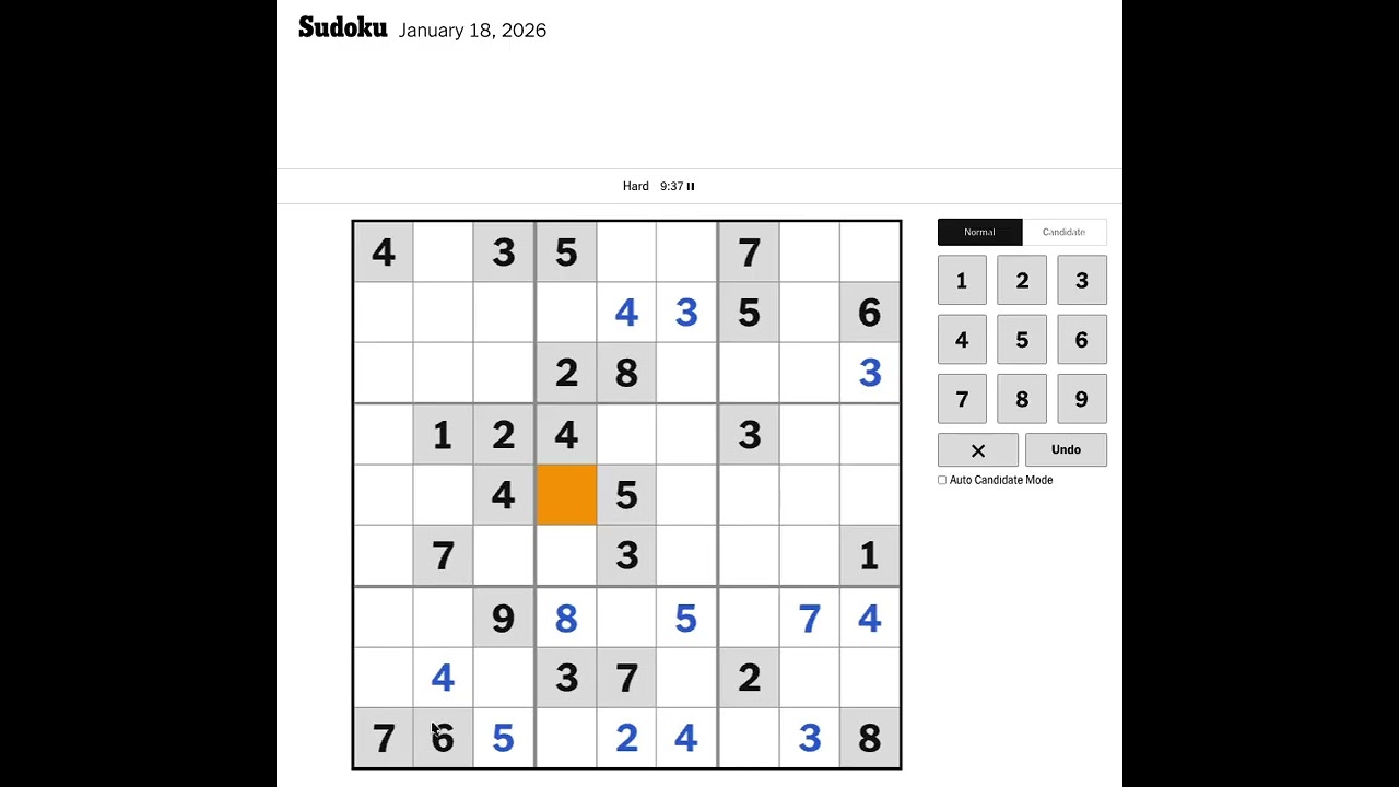 New York Times Sudoku Hard Solution for January 18, 2026: Solving without Markings