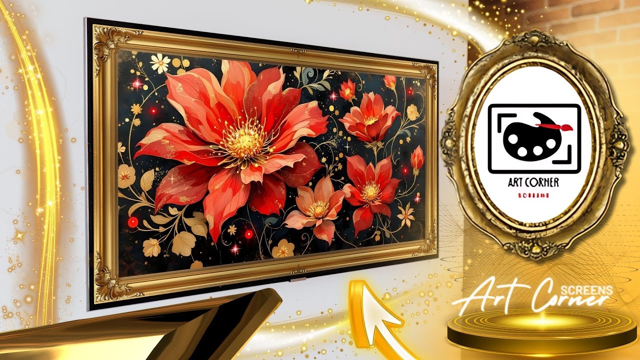 Elegant Vintage Red and Gold Flower Art | Premium 4K TV Screensaver with Gold Frame Design
