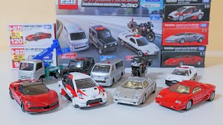 2021年4月　トミカ新車　フェラーリSF90ストラダーレ　いすゞエルフ橋梁点検車　トヨタヤリスWRC　ランボルギーニカウンタック（発売記念仕様）　トミカギフト警察車両コレクション