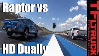 Ford F-150 Raptor vs 2016 Ram 3500 Diesel Dually Mashup Drag Race: Brute vs Brawn