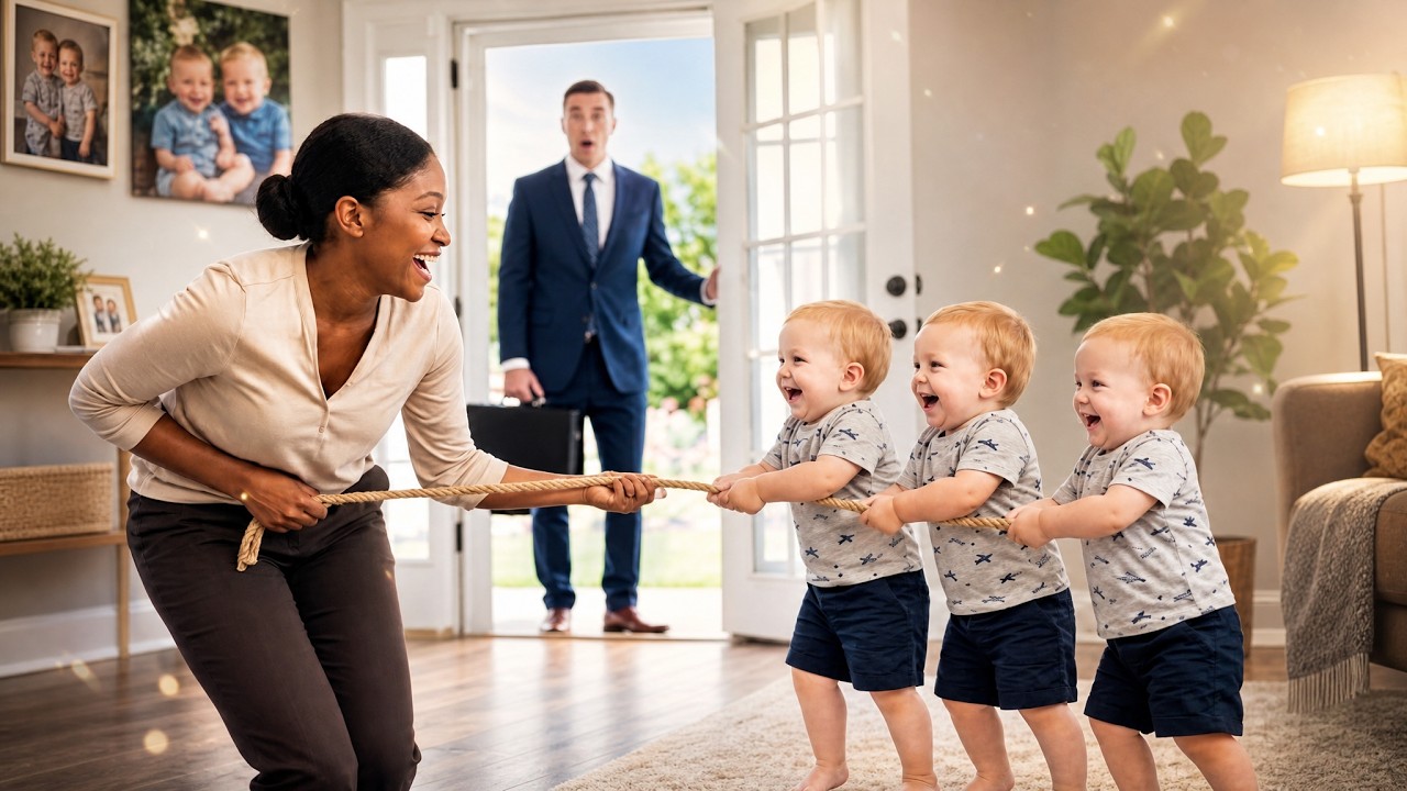 Ik duwde de voordeur van mijn eigen huis open, aktetas nog in mijn hand, en bleef stokstijf staan. Mijn drie zoontjes van achttien maanden stonden met hun hele lichaam aan een touw te trekken,...