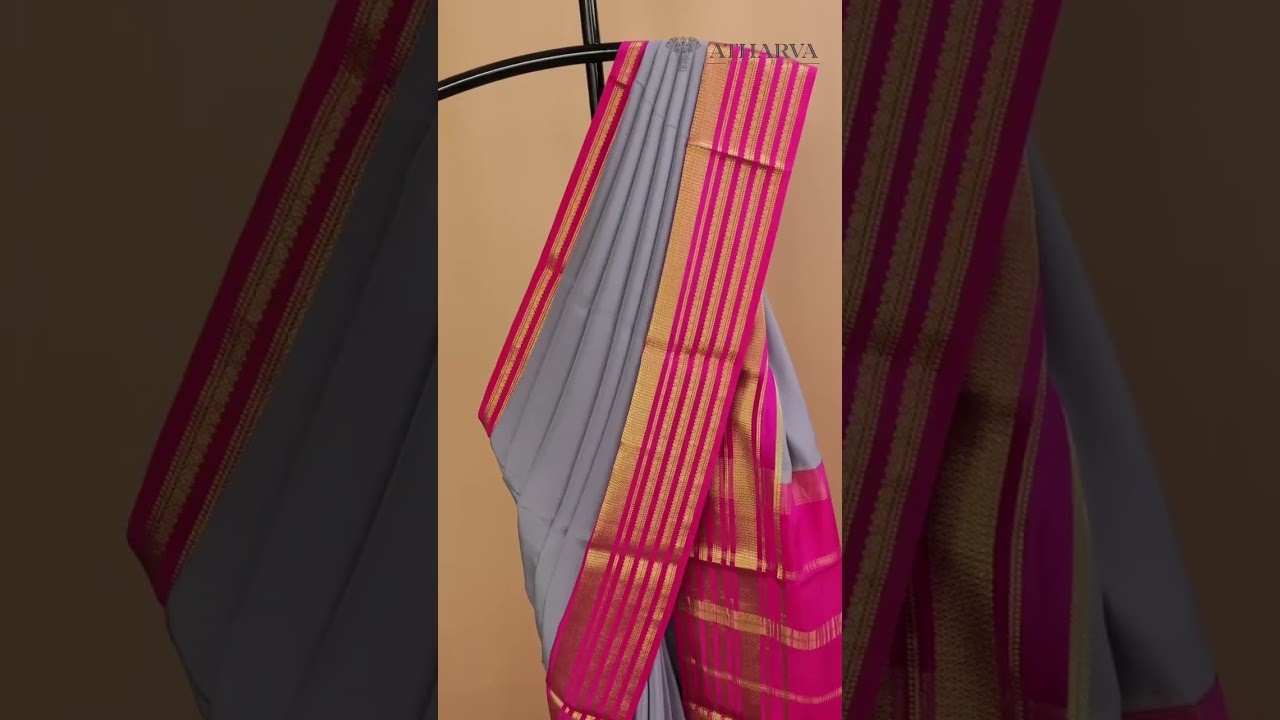 Pure Crepe Mysore Silk Saree | Grey with Pink Contrast Big Border | kaddi pallu | +91 9148735430