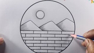 Beautiful Mountain Circle scenery drawing, Nature Scenery drawing, Easy Circle Scenery drawing #art