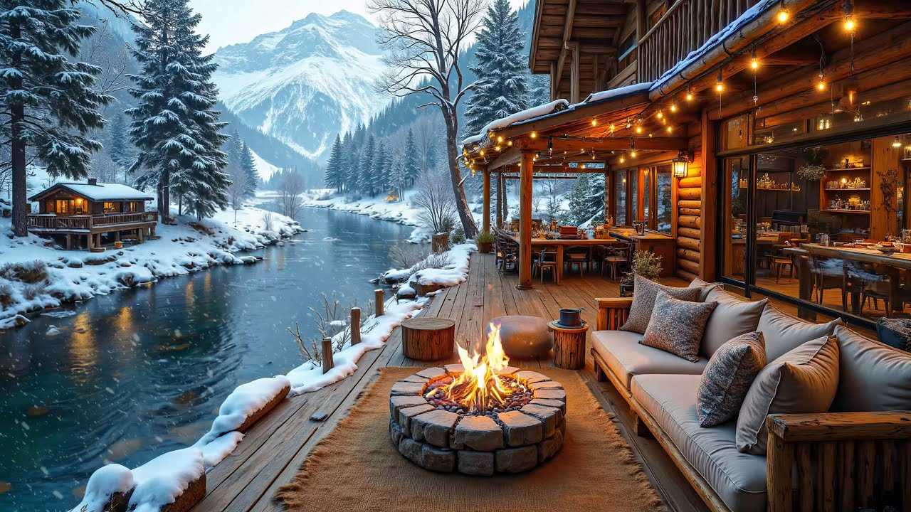 Cozy Winter Snowfall Riverside Cabin ❄️🔥 Winter Forest Campfire Crackling Ambience