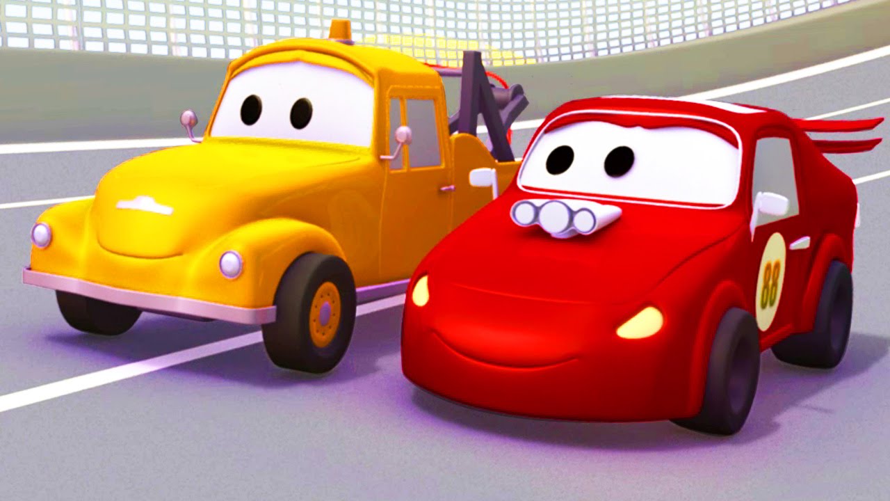Tom o Caminhão de Reboque e o Carro de corrida vermelho na Cidade do Carro