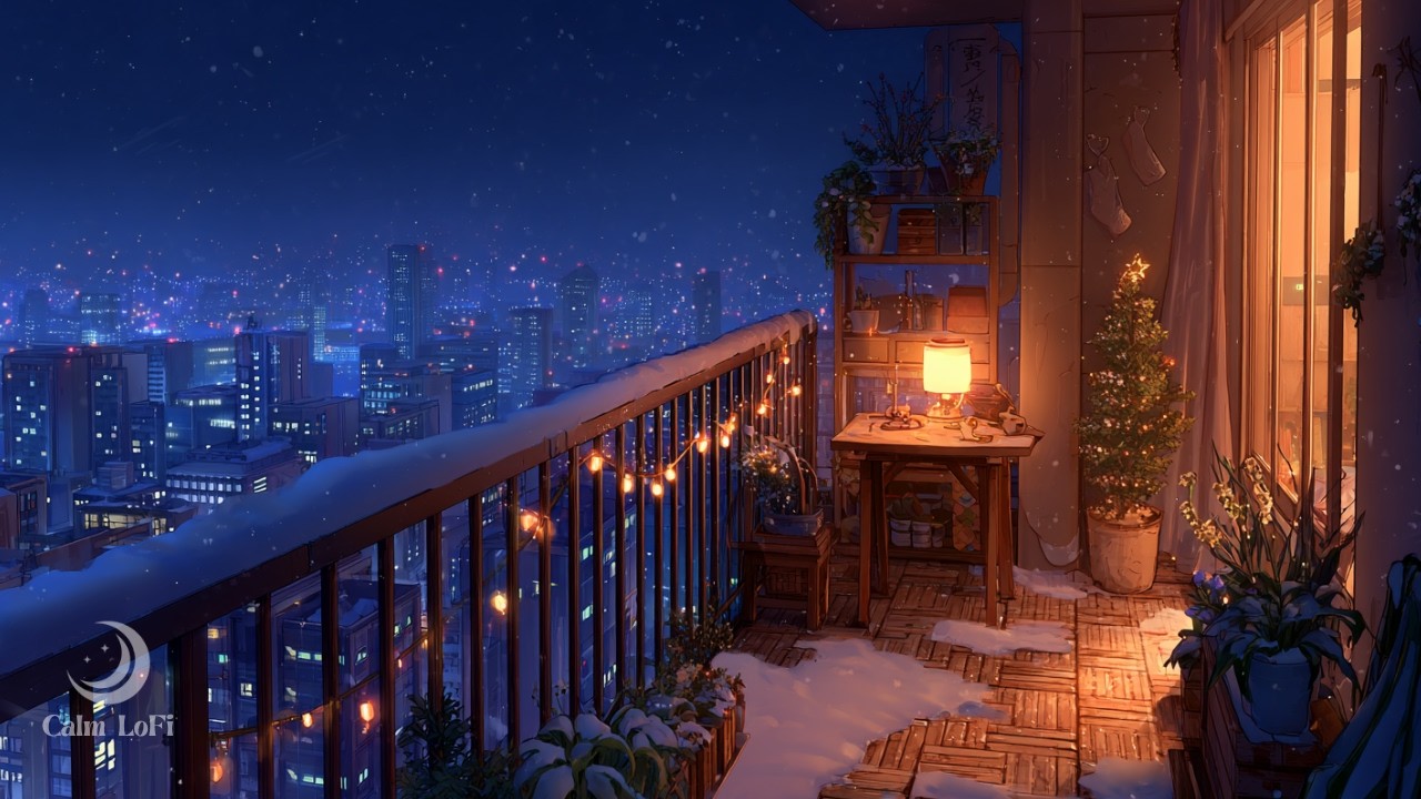Snowy Balcony Night Ambience 🌙 – City Glow & Gentle Piano／雪降る夜のバルコニーアンビエンス 🌙｜街明かりと静かなピアノ