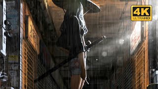 Samurai Girl Smoking In The Rain Live Wallpaper 4K