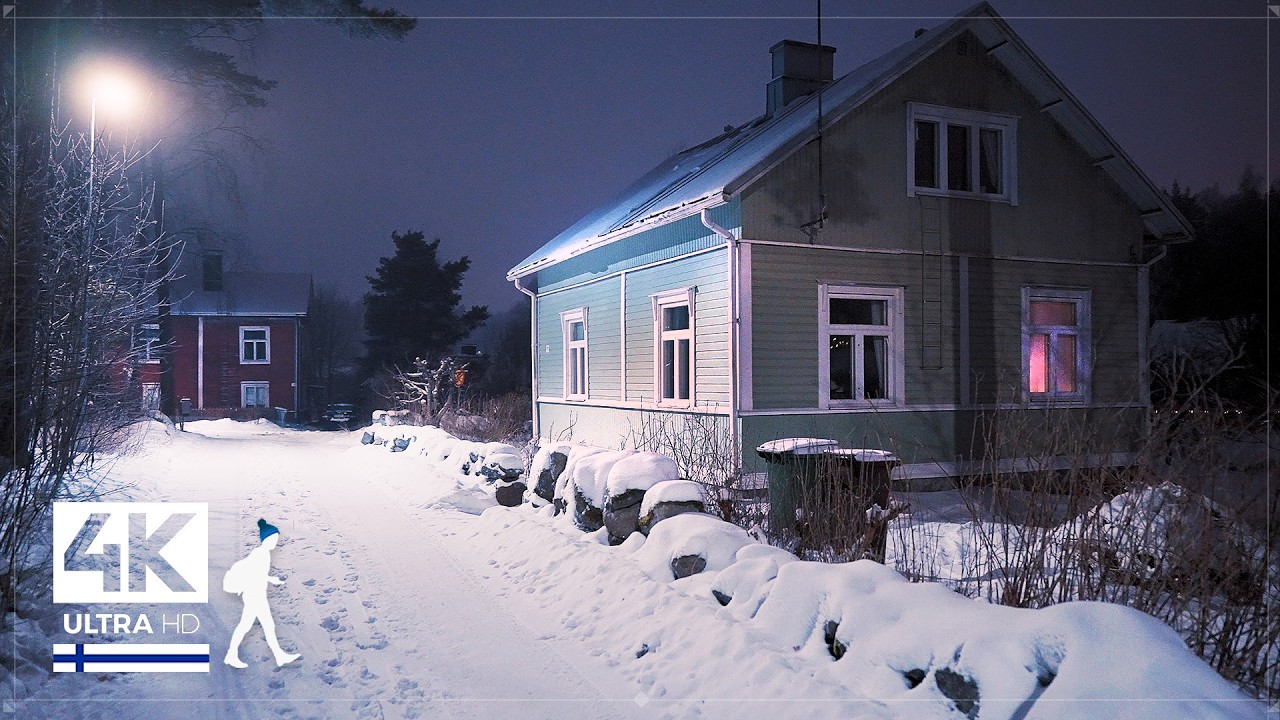 Одинокая ночная прогулка по атмосферному приморскому городку (Финляндия) - Slow TV 4K