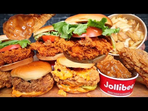 (ASMR NO TALKING) JOLLIBEE CHICKEN SANDWICH, SPAGHETTI, GRAVY, KFC CHICKEN SANDWICH & POUTINE