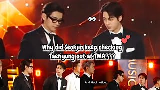 Taejin/JinV: Why did Seokjin keep checking Taehyung out at TMA?? and Hobi noticed.