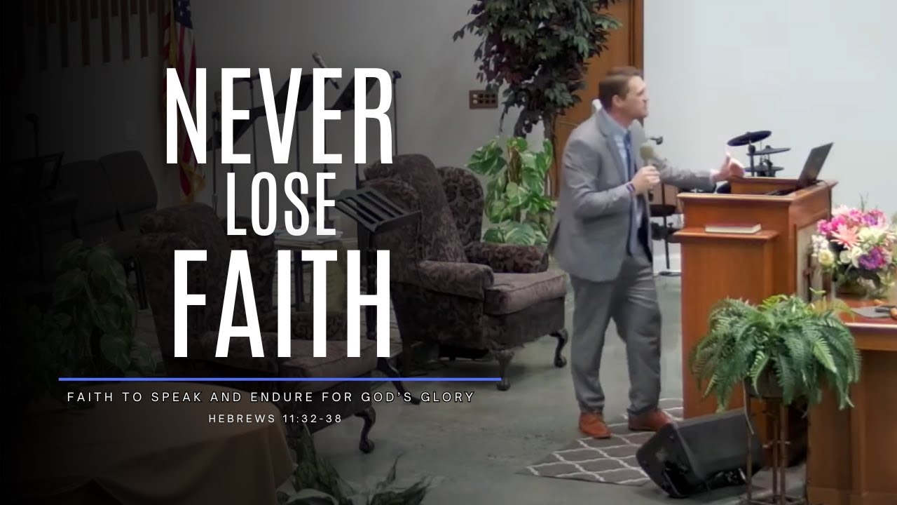 Pastor Chris Buscher preaching from Hebrews 11:32–38 about speaking truth, enduring persecution, and glorifying God through faith.