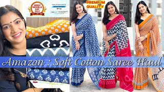 Amazon Partywear Soft Mulmul Cotton Saree Haul Under 999/- Ikat Print/ Kalamkari /Batik /Hand block screenshot 3