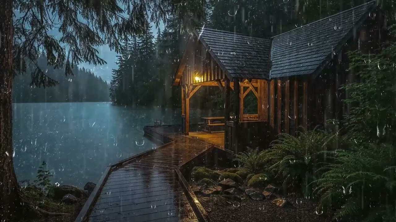 Heavy Rain and Thunder Sounds on a Cabin Roof by the Lake at Night  Deep Sleep and Relaxation