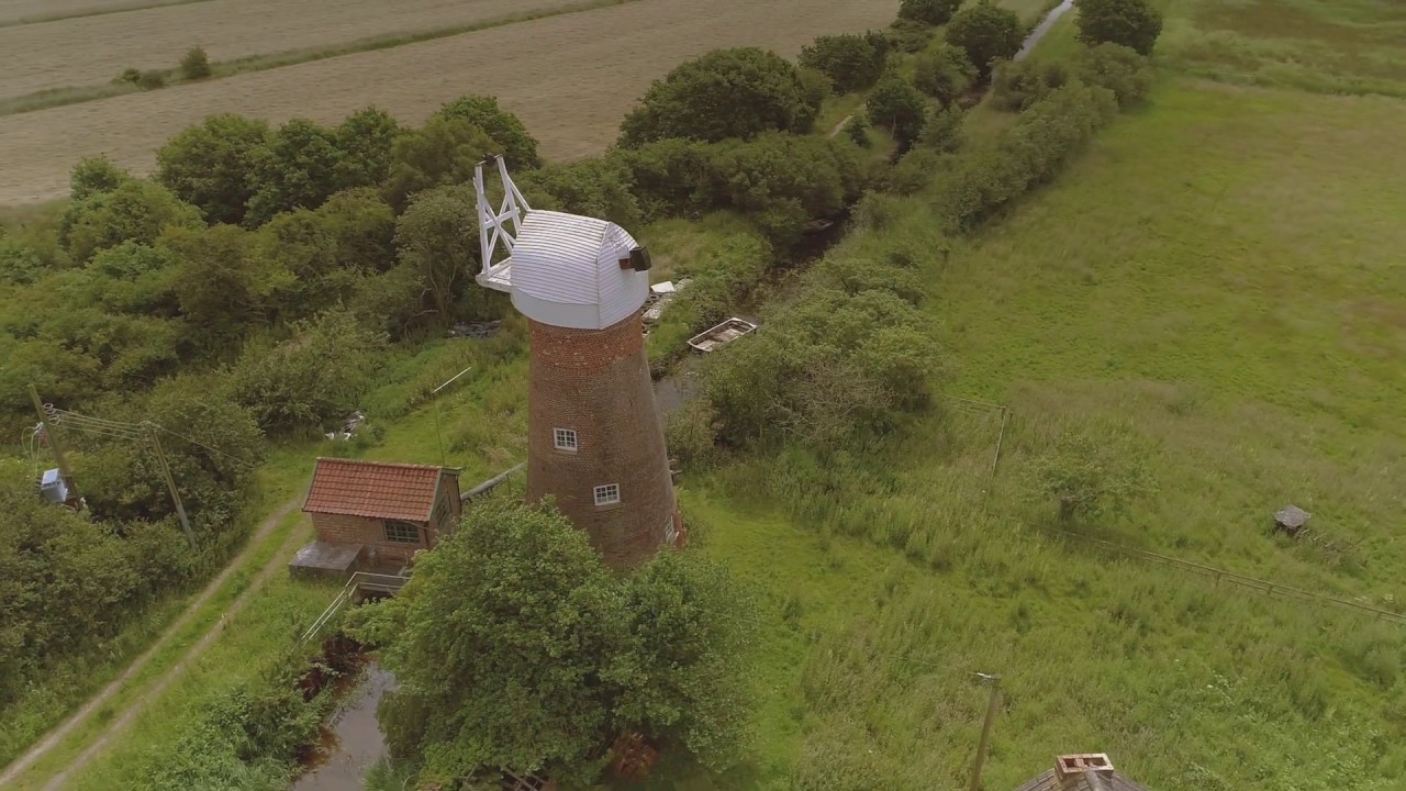 Drone perspective of Stubb Mill and Hickling Broad Mill, Norfolk Broads