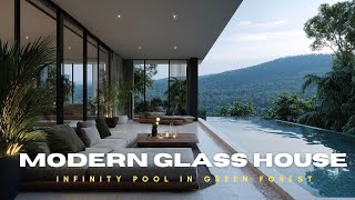 Modern Glass House with Infinity Pool in green forest