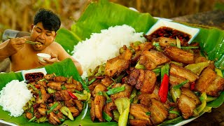 Eating White Rice with his Yummy Food | Stir Fry Pork Belly Green Chili pepper Recipe - Fat Man dish