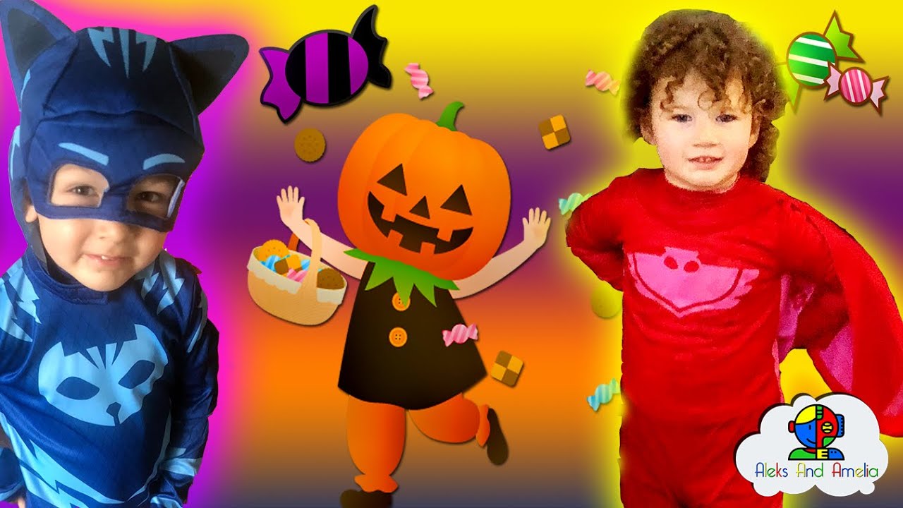 Funny KIDS in PJ MASKS costumes + trick or treating. HALLOWEEN and fall ...