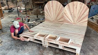 DIY - Amazing How To build A King Size pallet Bed Extremely Simple and Beautiful // Woodworking