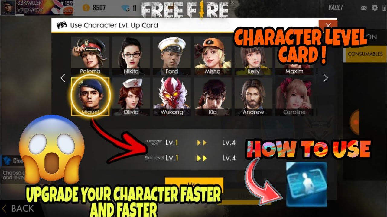 How Use Character Level Up In Free Fire Card With Usefull Character And Tips And Tricks Free Fire Youtube