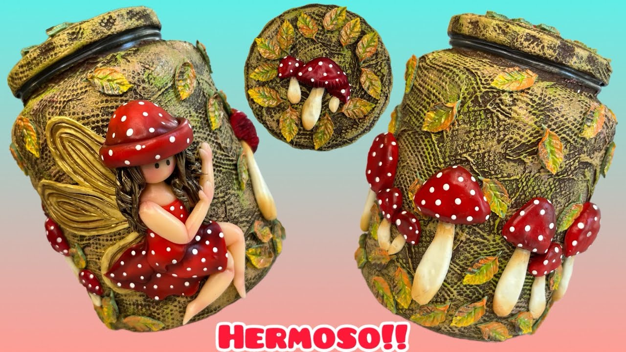 DIY/Decoración BOSQUE DE HONGOS 🍄 frasco reciclado + porcelana fría/ pasta flexible HADA HONGUITO